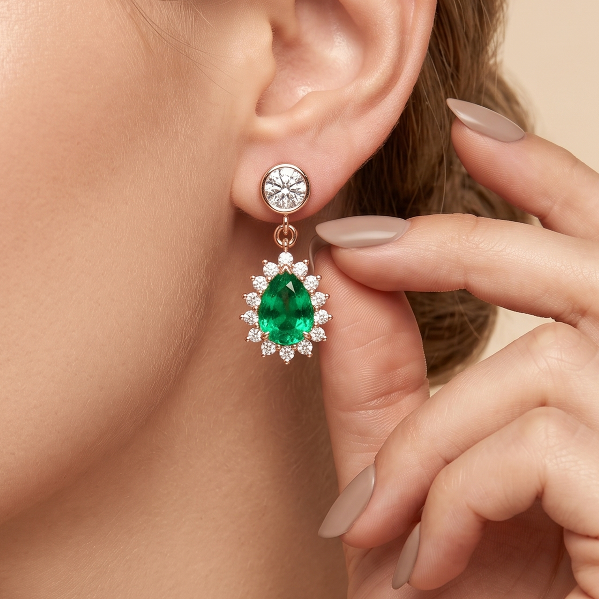 Emerald Oval Halo Drop Earrings