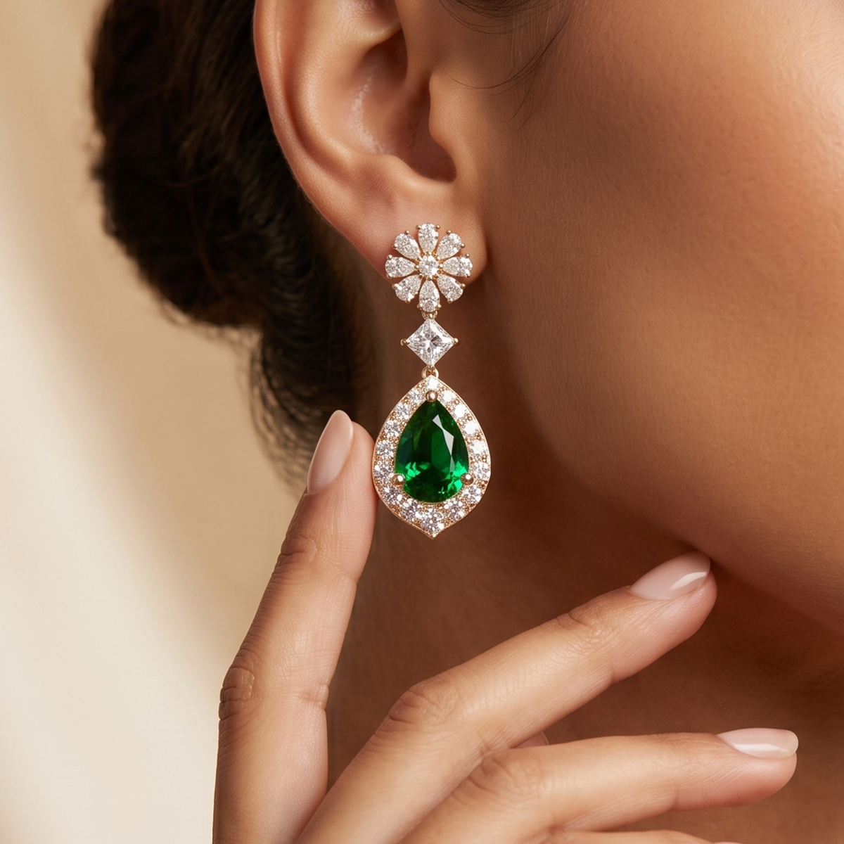 Emerald Pear Halo Cluster Drop Earrings
