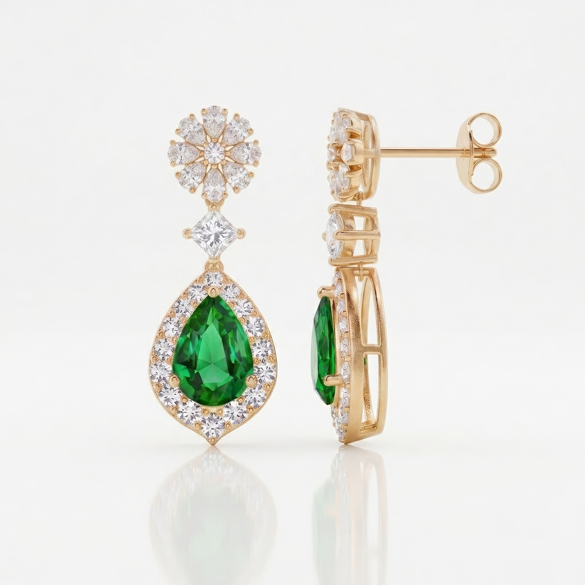 Emerald Pear Halo Cluster Drop Earrings