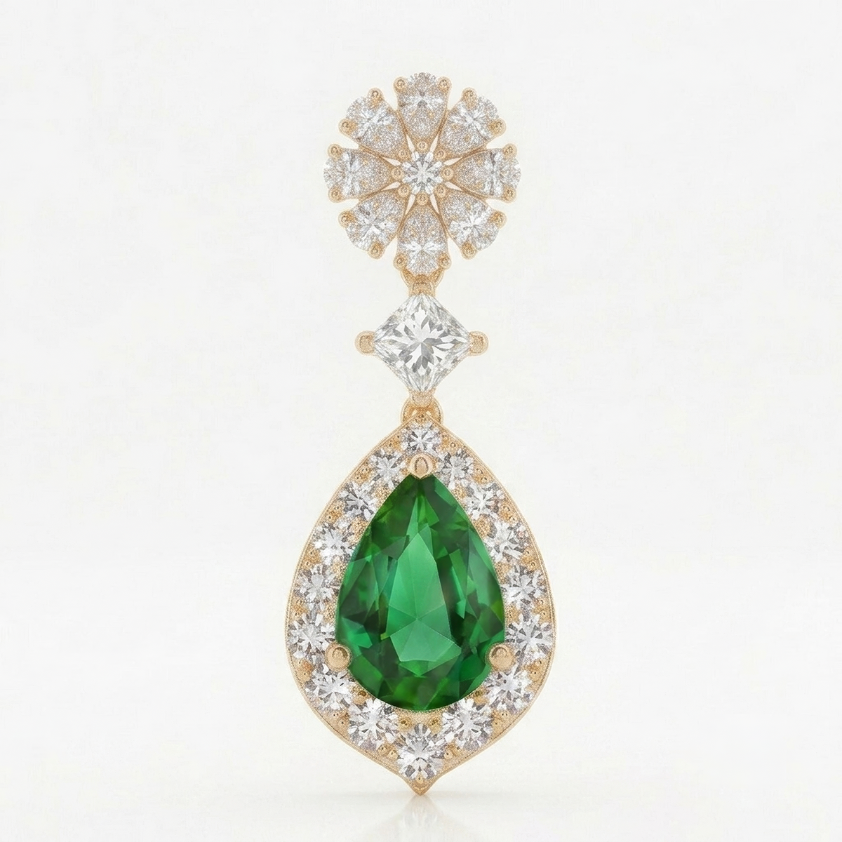 Emerald Pear Halo Cluster Drop Earrings
