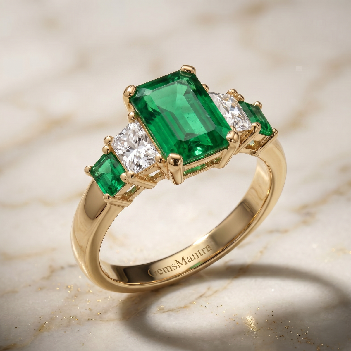 Emerald Royale Three-Stone Ring in Gold Finish