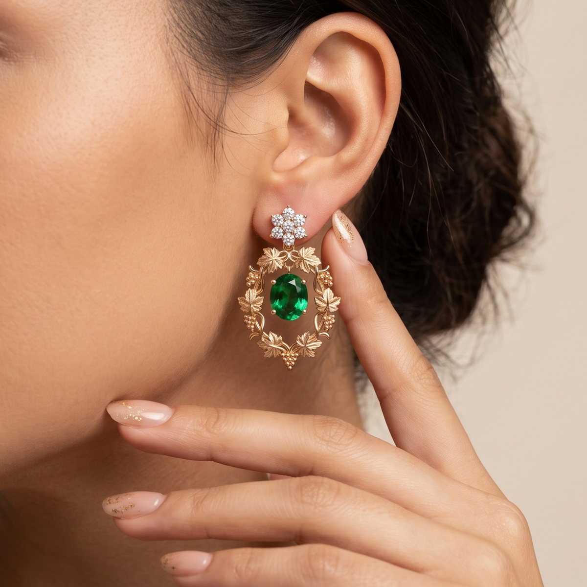 Emerald Sunburst Halo Drop Earrings