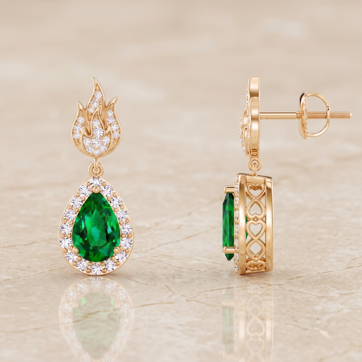 Emerald Teardrop Flame Halo Drop Earrings