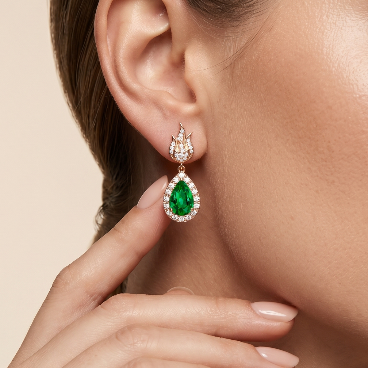 Emerald Teardrop Flame Halo Drop Earrings