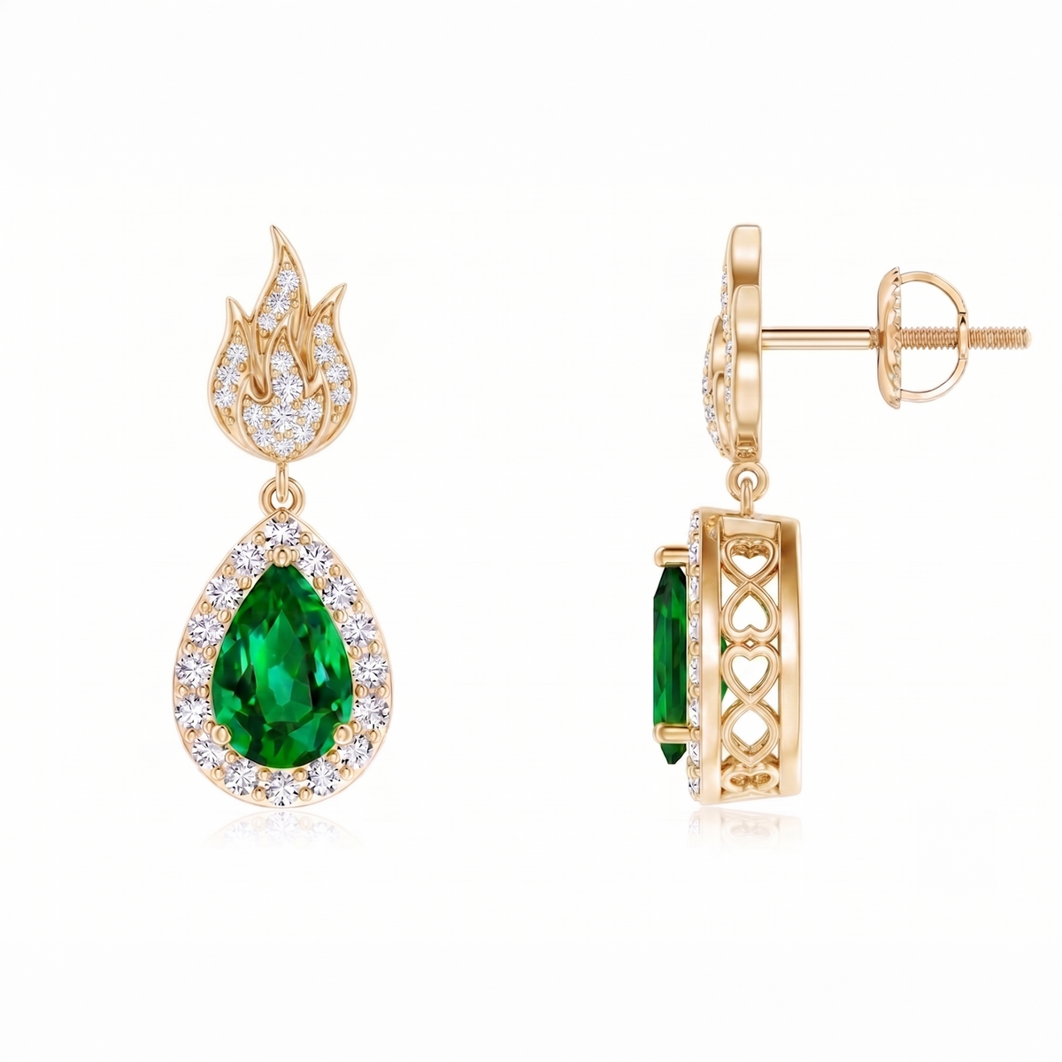 Emerald Teardrop Flame Halo Drop Earrings