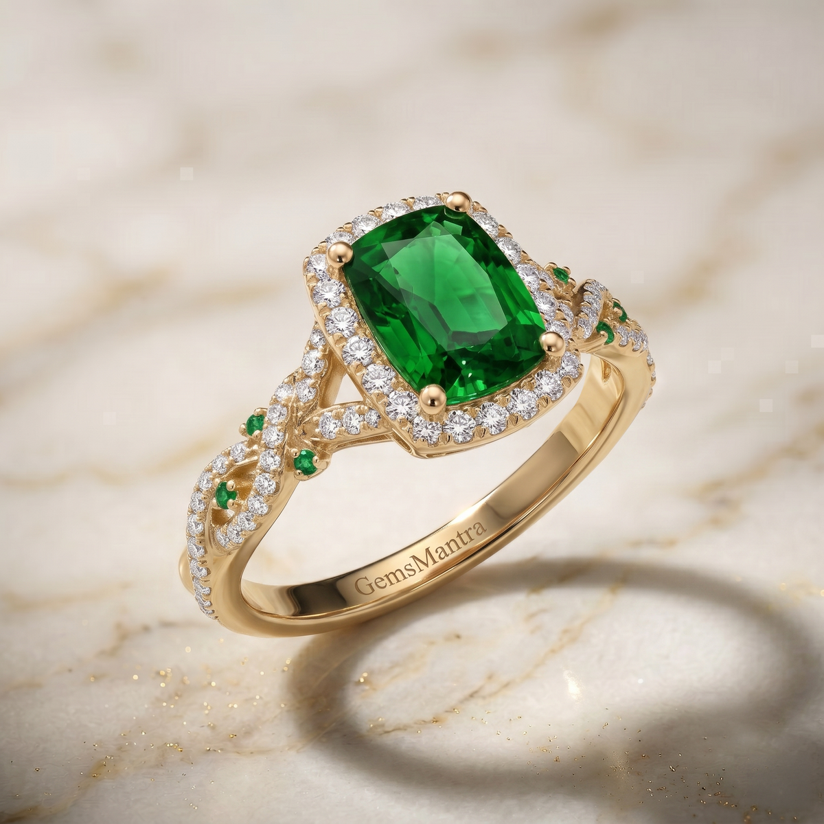 Regal Emerald Halo Ring in Gold Finish