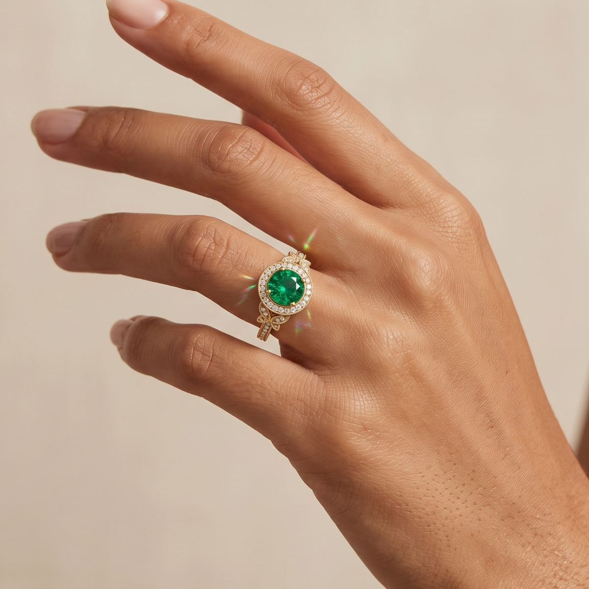 Royal Emerald Halo Ring in Gold Finish