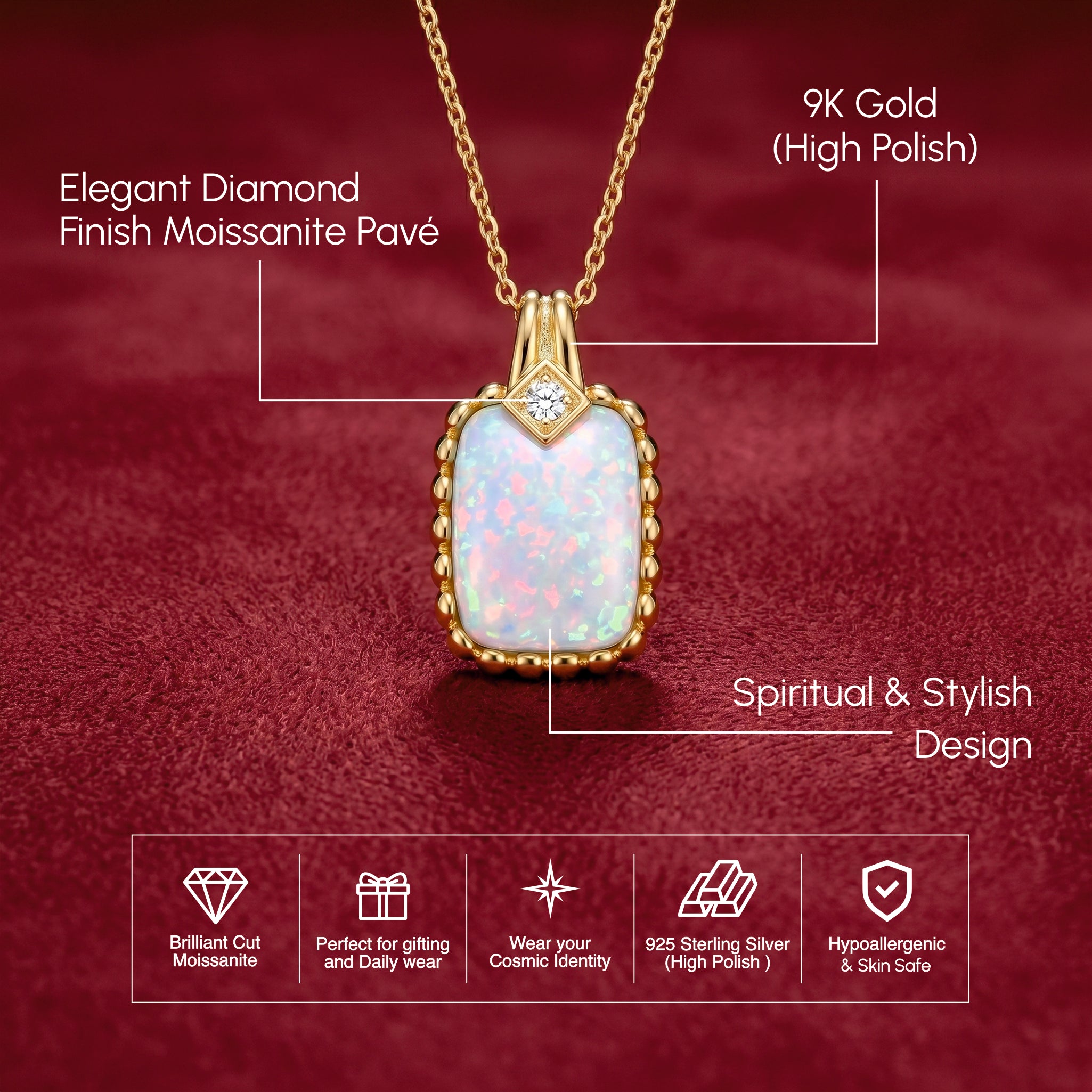 Cushion Opal Pendant with Beaded Chevron Halo