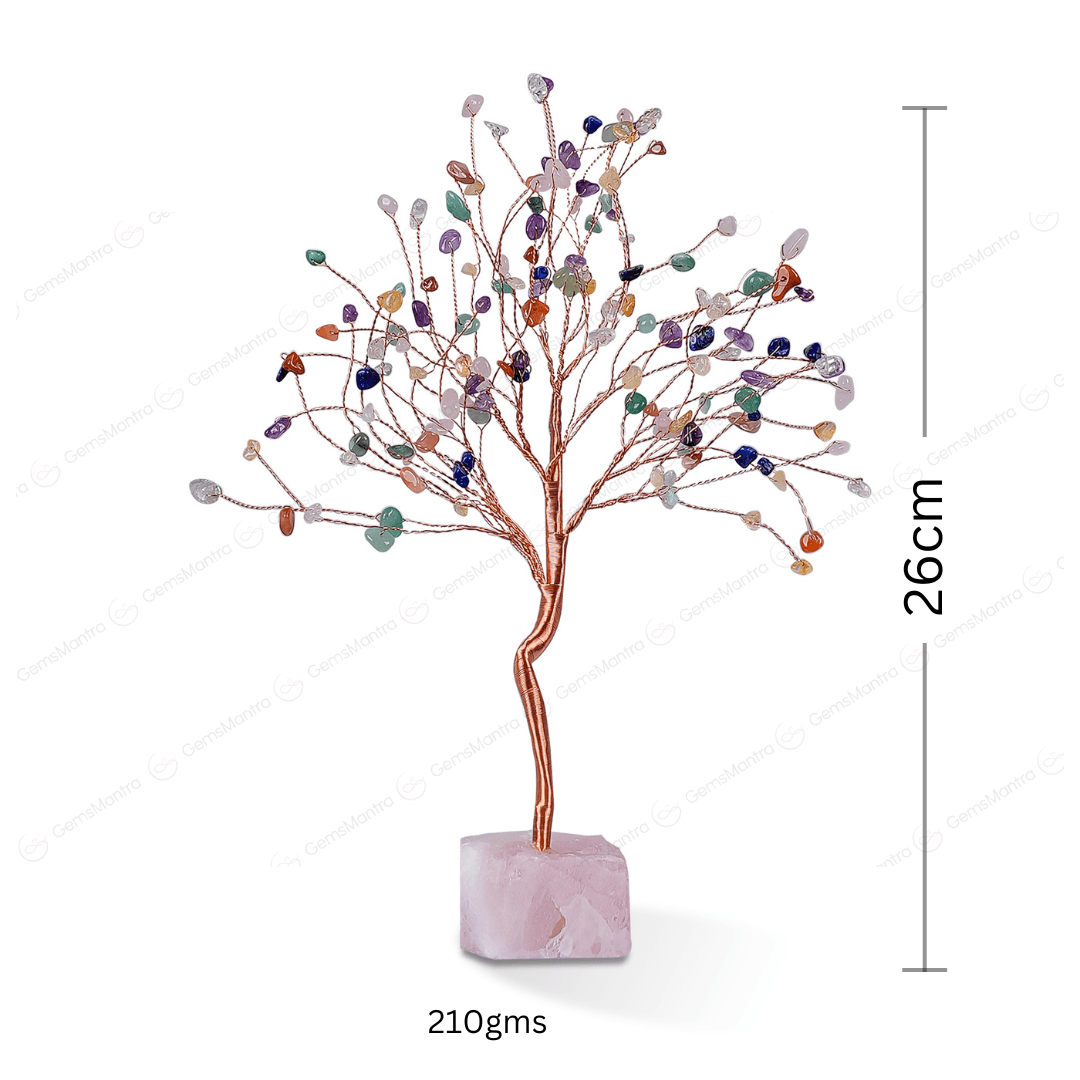 Multi Stone With Raw Rose Quartz Large Tree - Gemsmantra