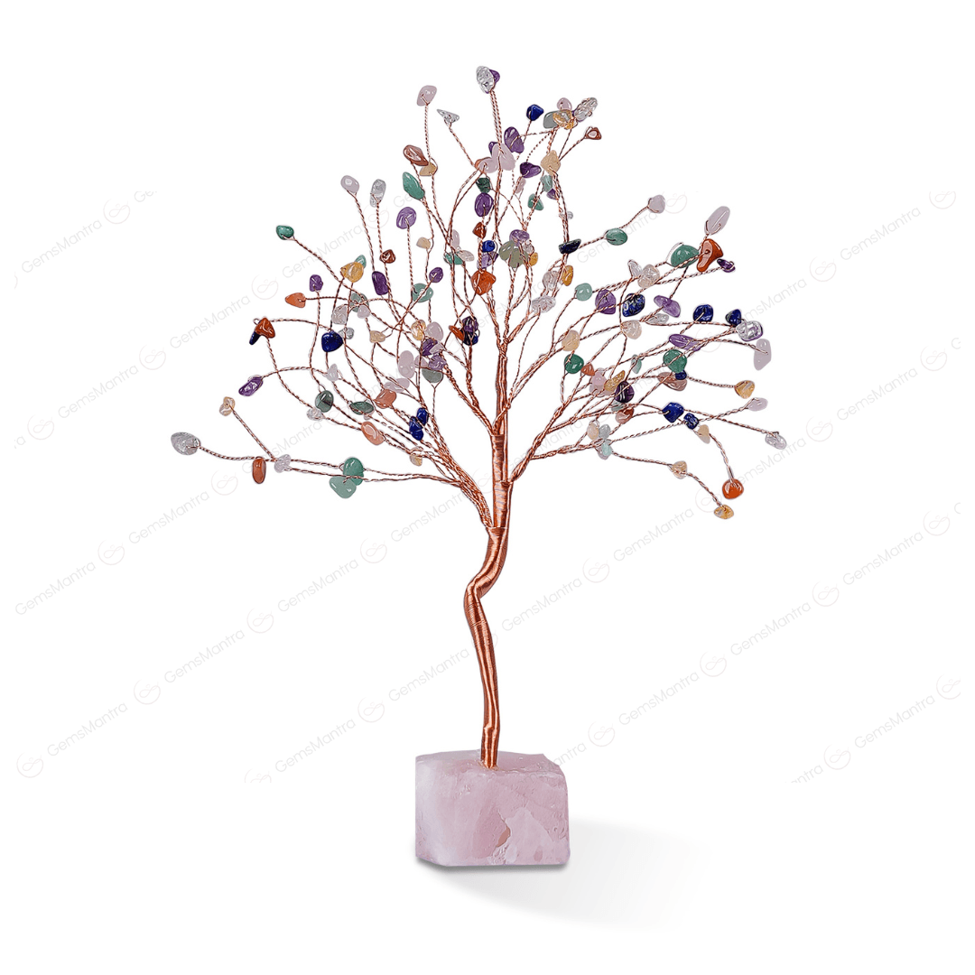 Multi Stone With Raw Rose Quartz Large Tree - Gemsmantra