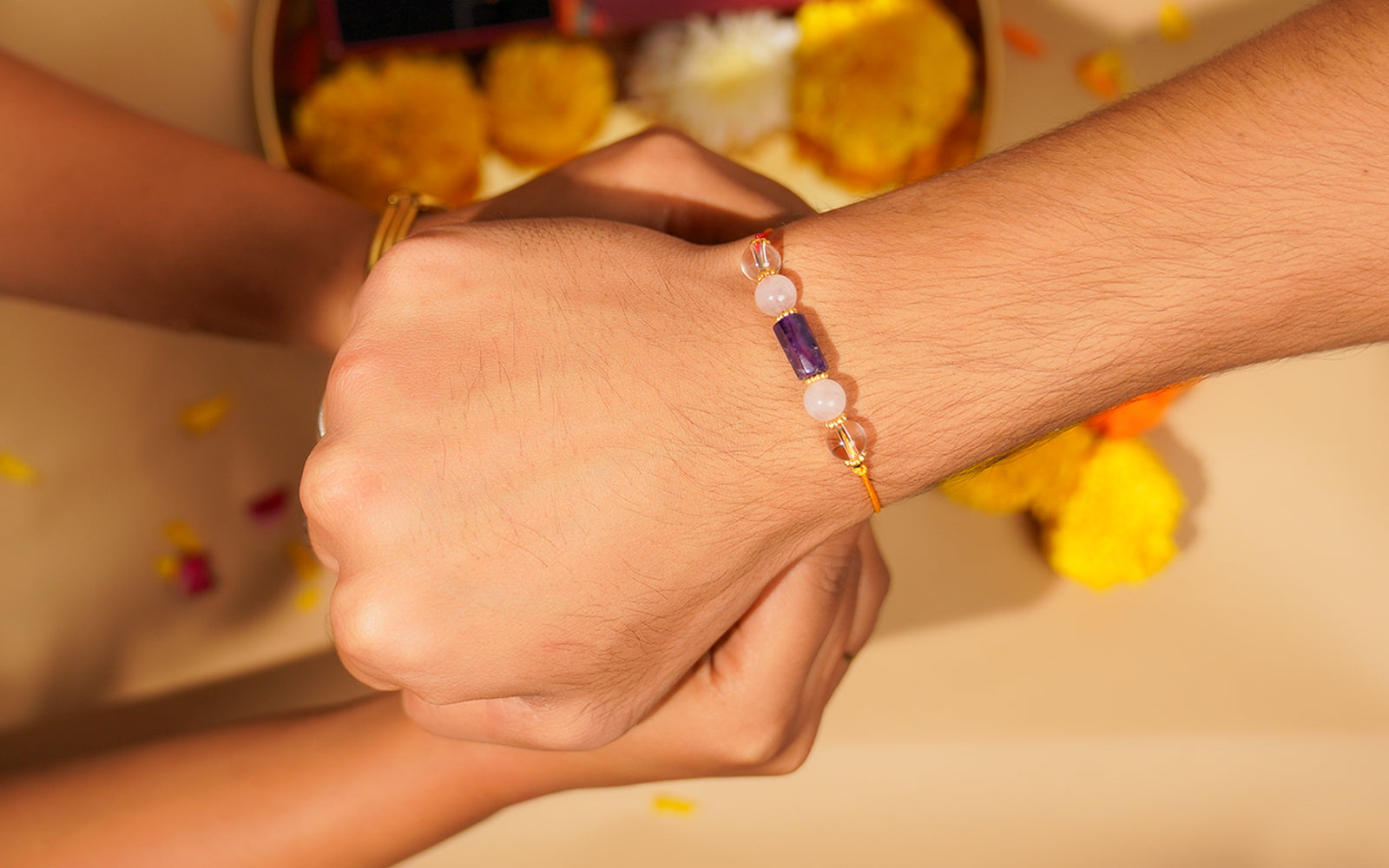 Triple Crystal Healing Rakhi – Amethyst, Rose Quartz & Clear Quartz Bead For Inner Peace & Love