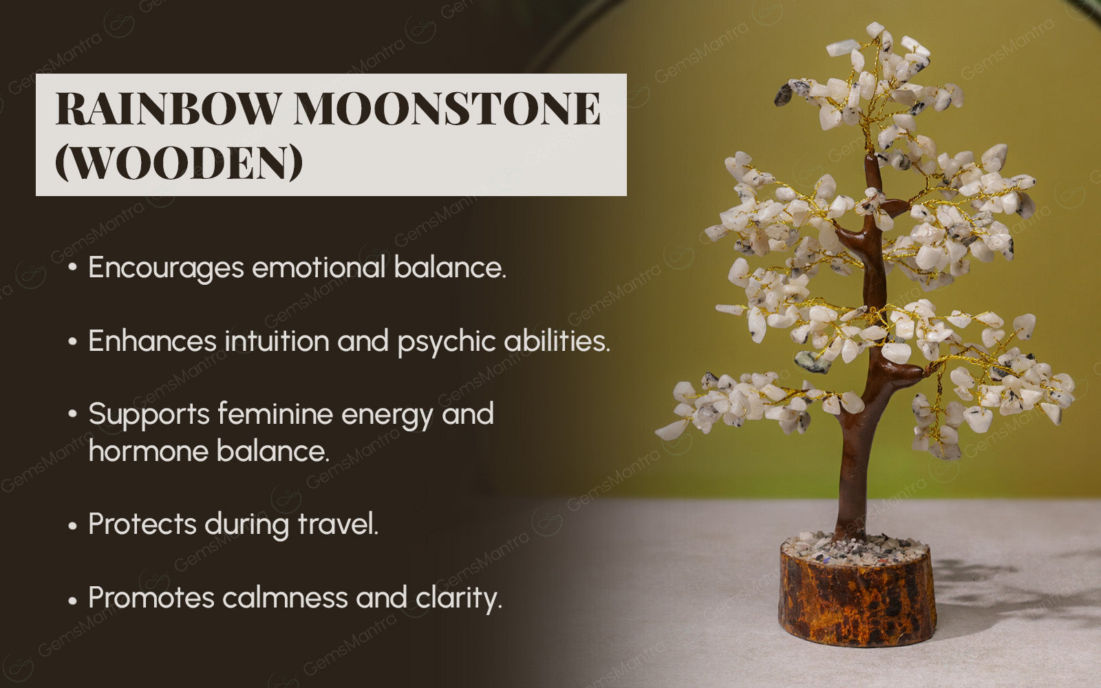 Wooden Rainbow Moonstone Crystal Tree