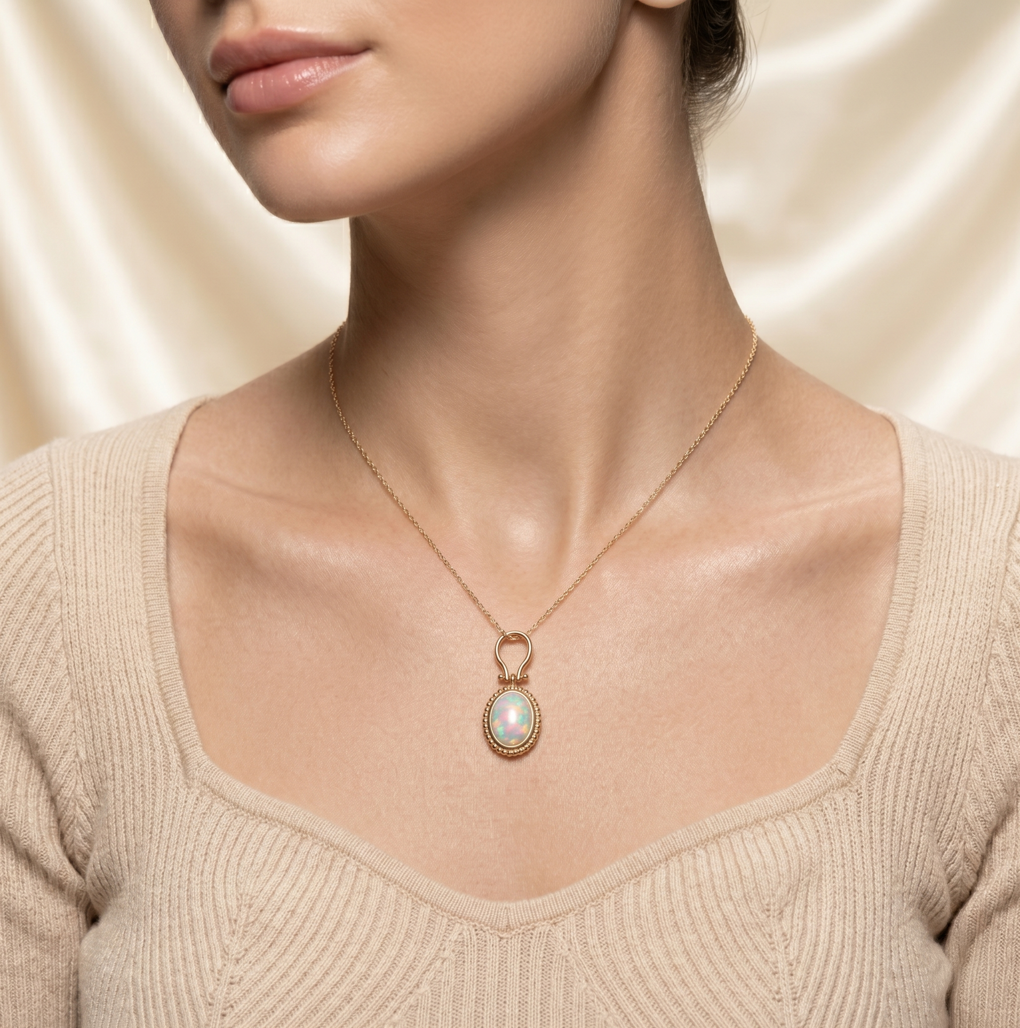 Bezel-Set Oval Opal Pendant with Beaded Border