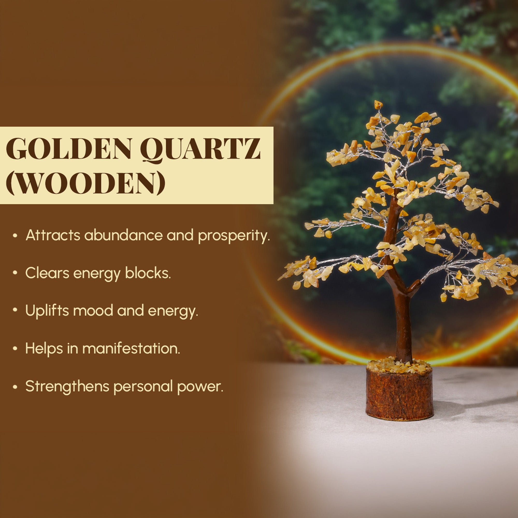 Golden Quartz Crystal Tree – Wooden Base, for Vastu