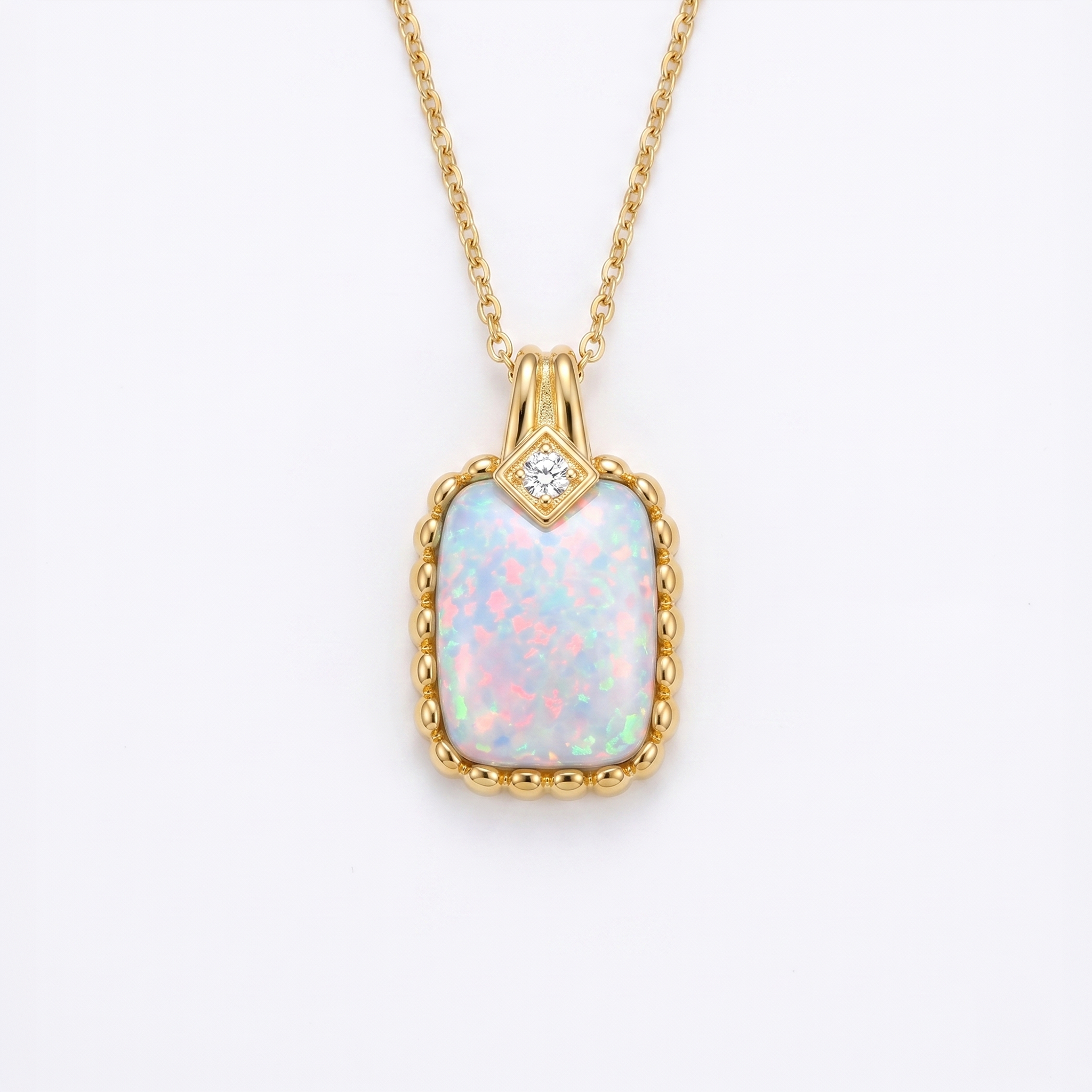 Cushion Opal Pendant with Beaded Chevron Halo