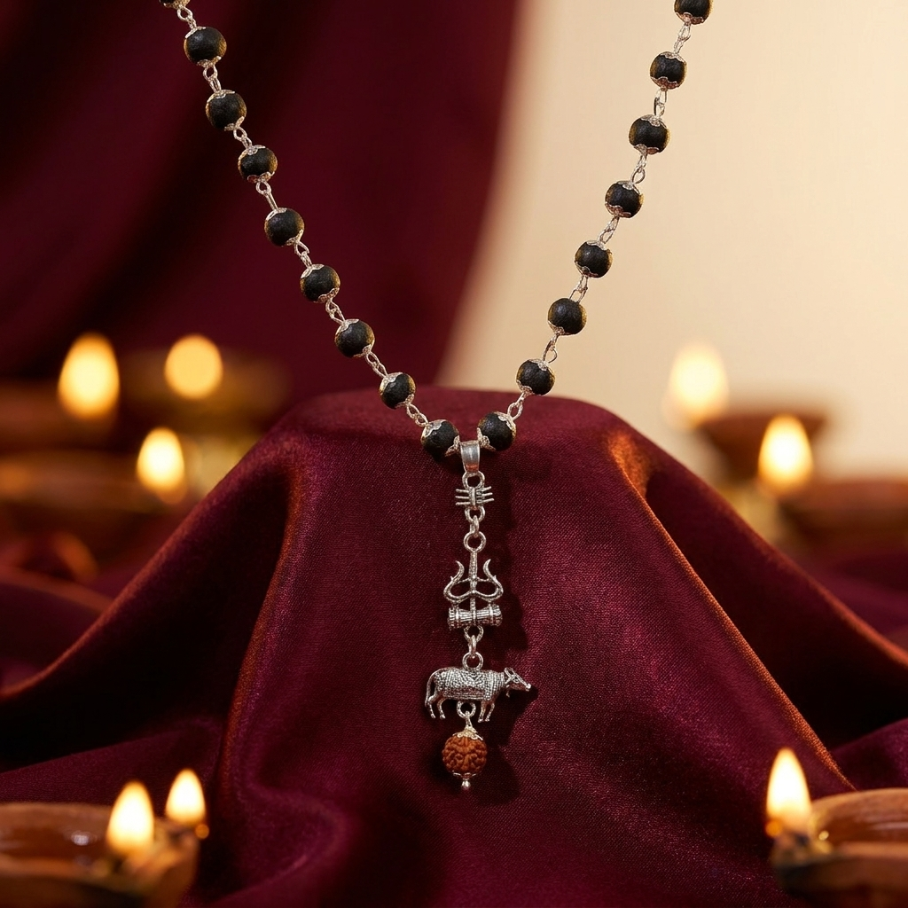 Shiv Nandi Protection Mala Karungali - black beads with Nandi pendant on maroon silk - GemsMantra