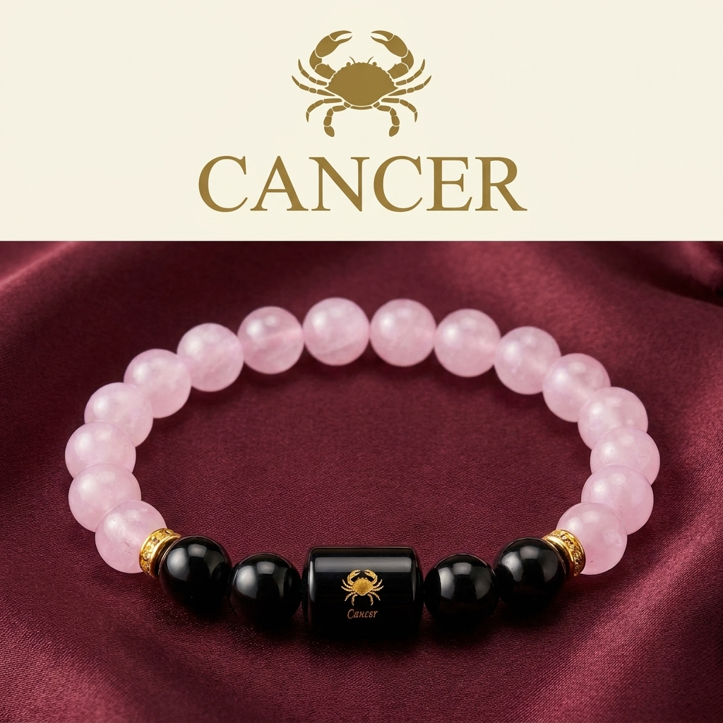 Cancer Kark Rashi Bracelet - Rose Quartz Black Tourmaline - GemsMantra