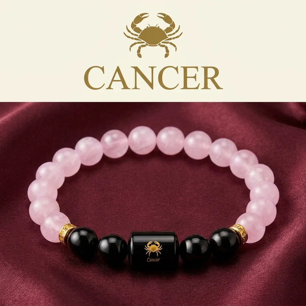 Cancer (कर्क राशि) Bracelet – Rose Quartz & Black Tourmaline