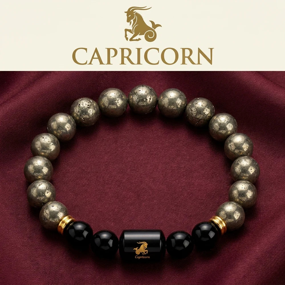 Capricorn (मकर राशि) Bracelet – Pyrite & Black Onyx
