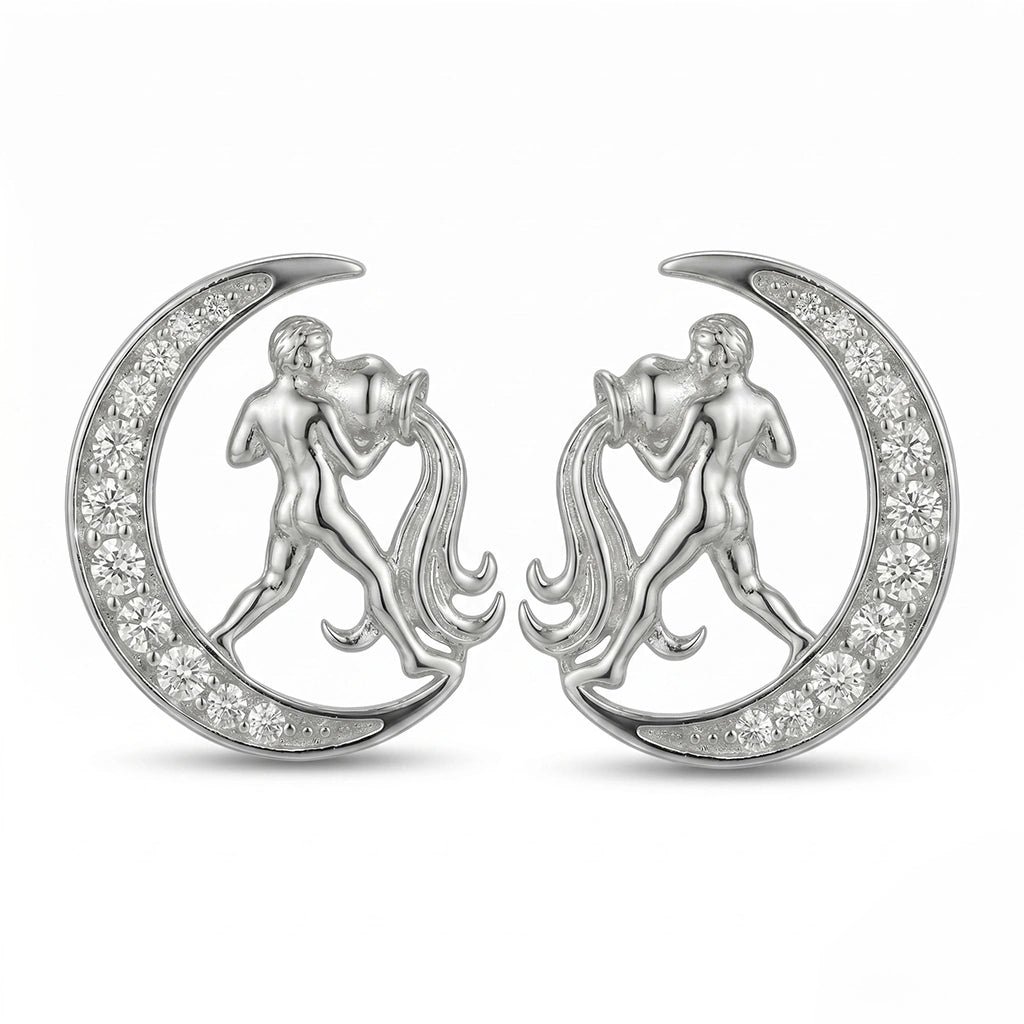 Aquarius Zodiac Silver Earrings