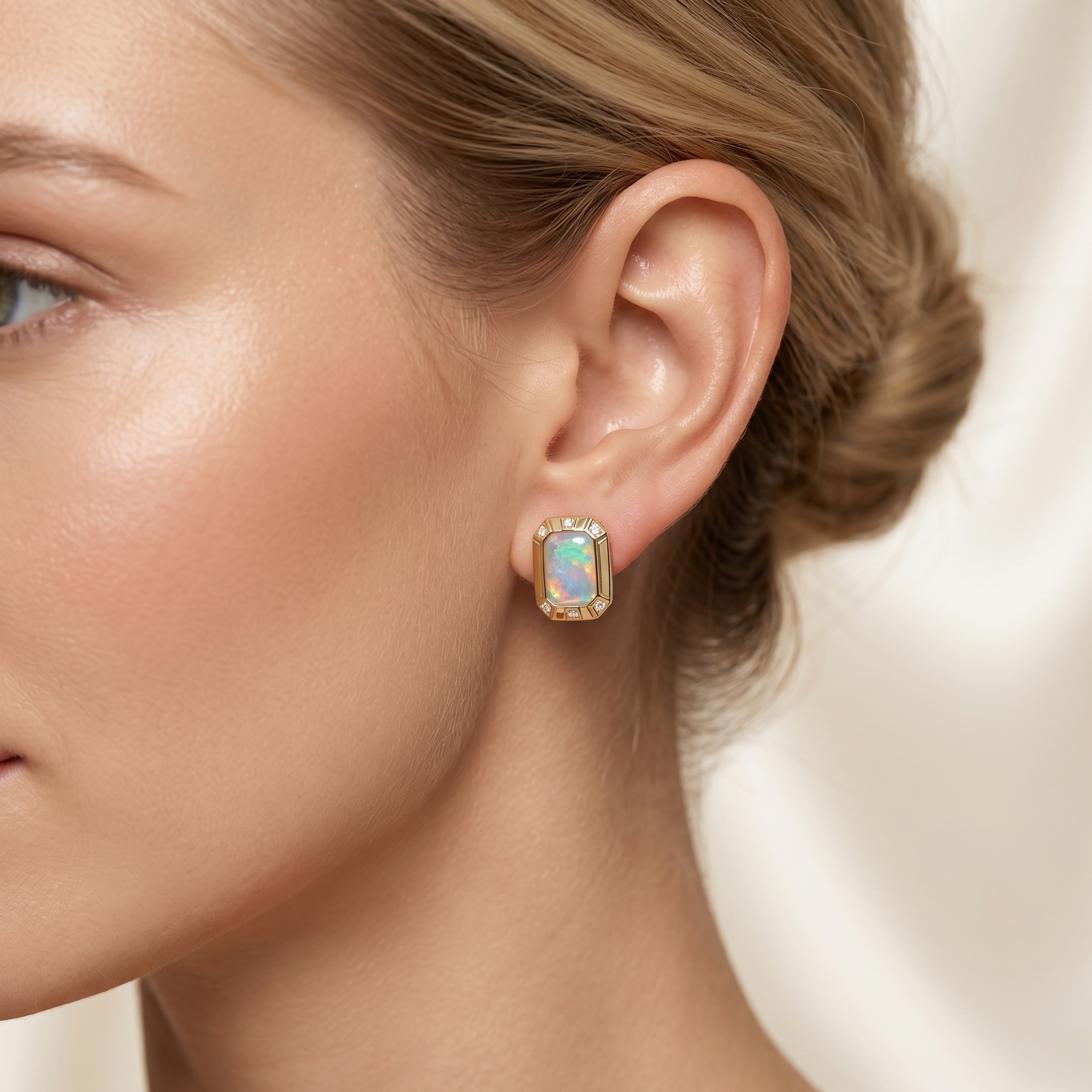 Emerald-Cut Opal Stud Earrings with Diamond Halo