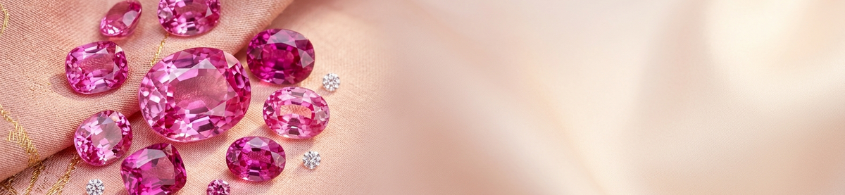 Pink Sapphire (Gulabi Pukhraj) collection banner desktop - certified natural pink sapphires on blush silk