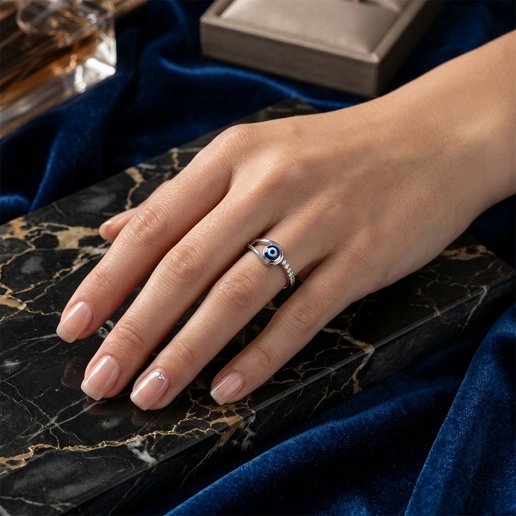 Blue Evil Eye Silver Ring