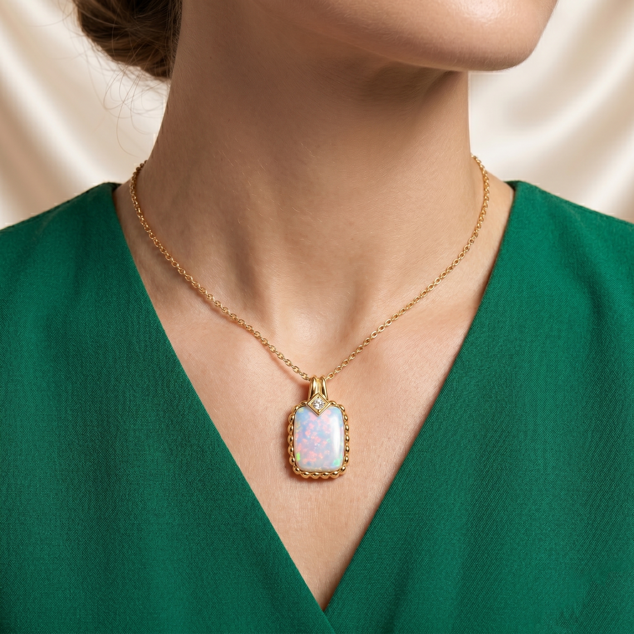 Cushion Opal Pendant with Beaded Chevron Halo