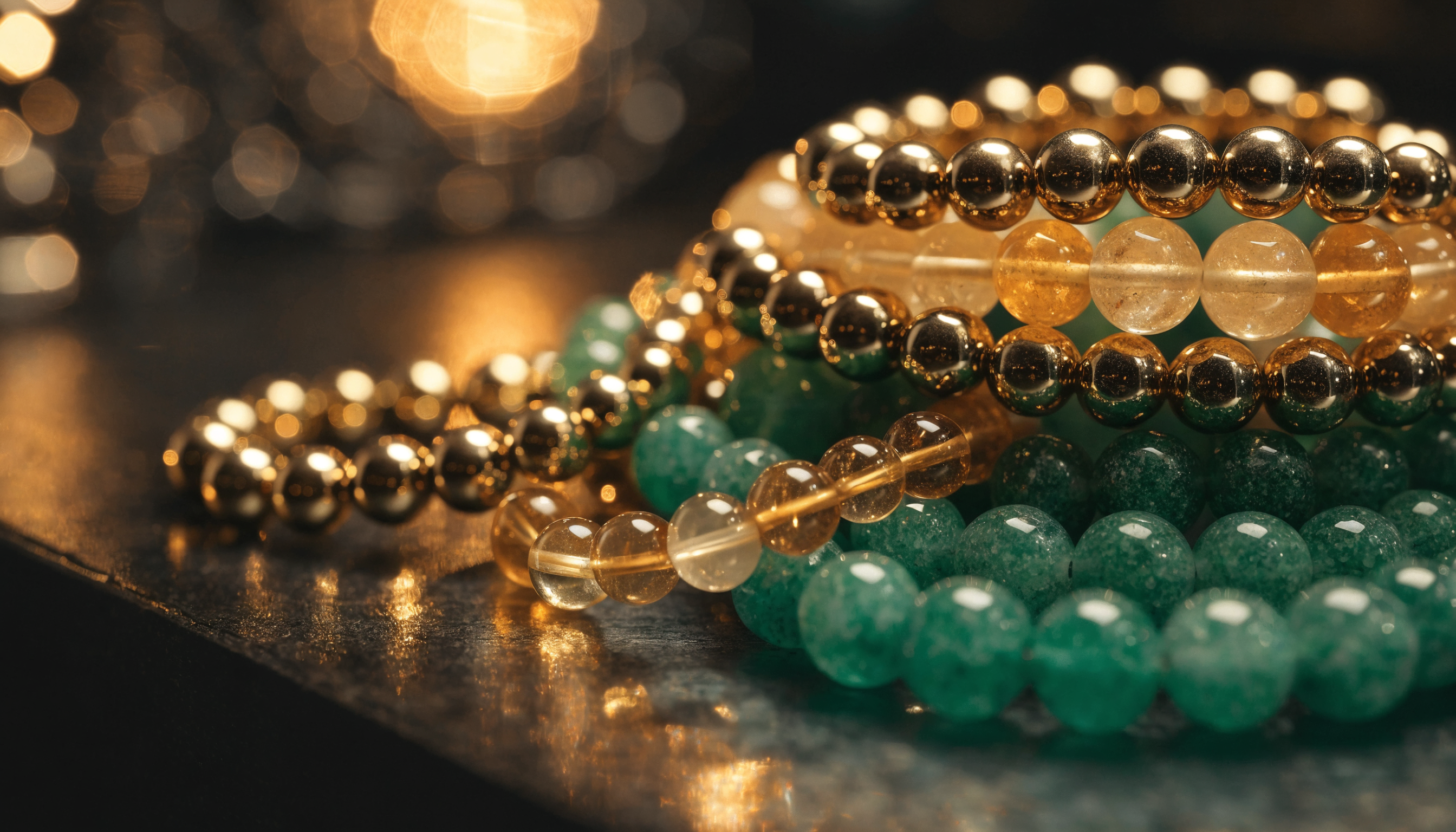 Pyrite, citrine and green aventurine crystal bracelets for wealth and prosperity, by GemsMantra