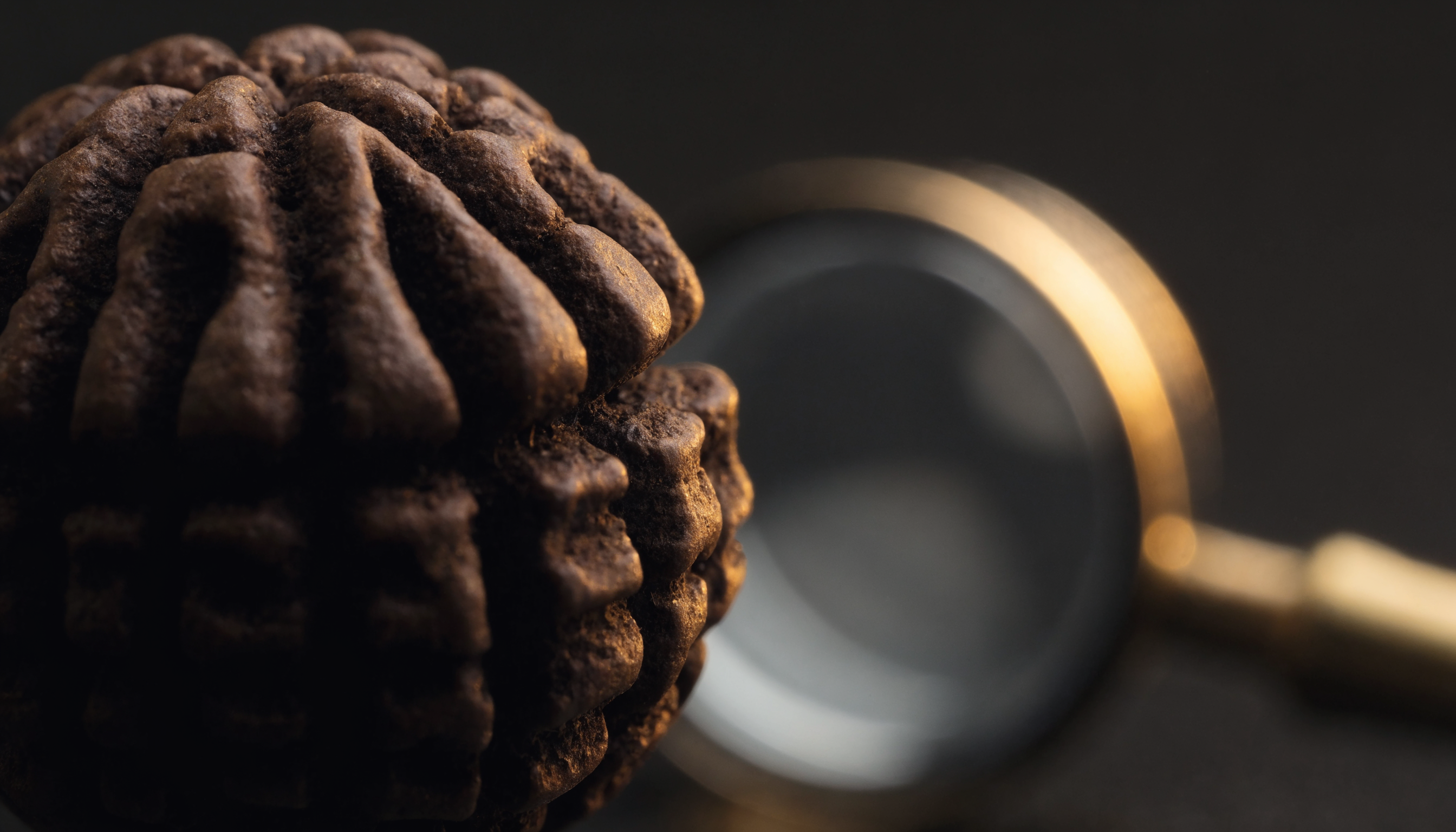 Macro close-up of a natural Rudraksha bead showing its mukhi face lines, how to identify a real Rudraksha