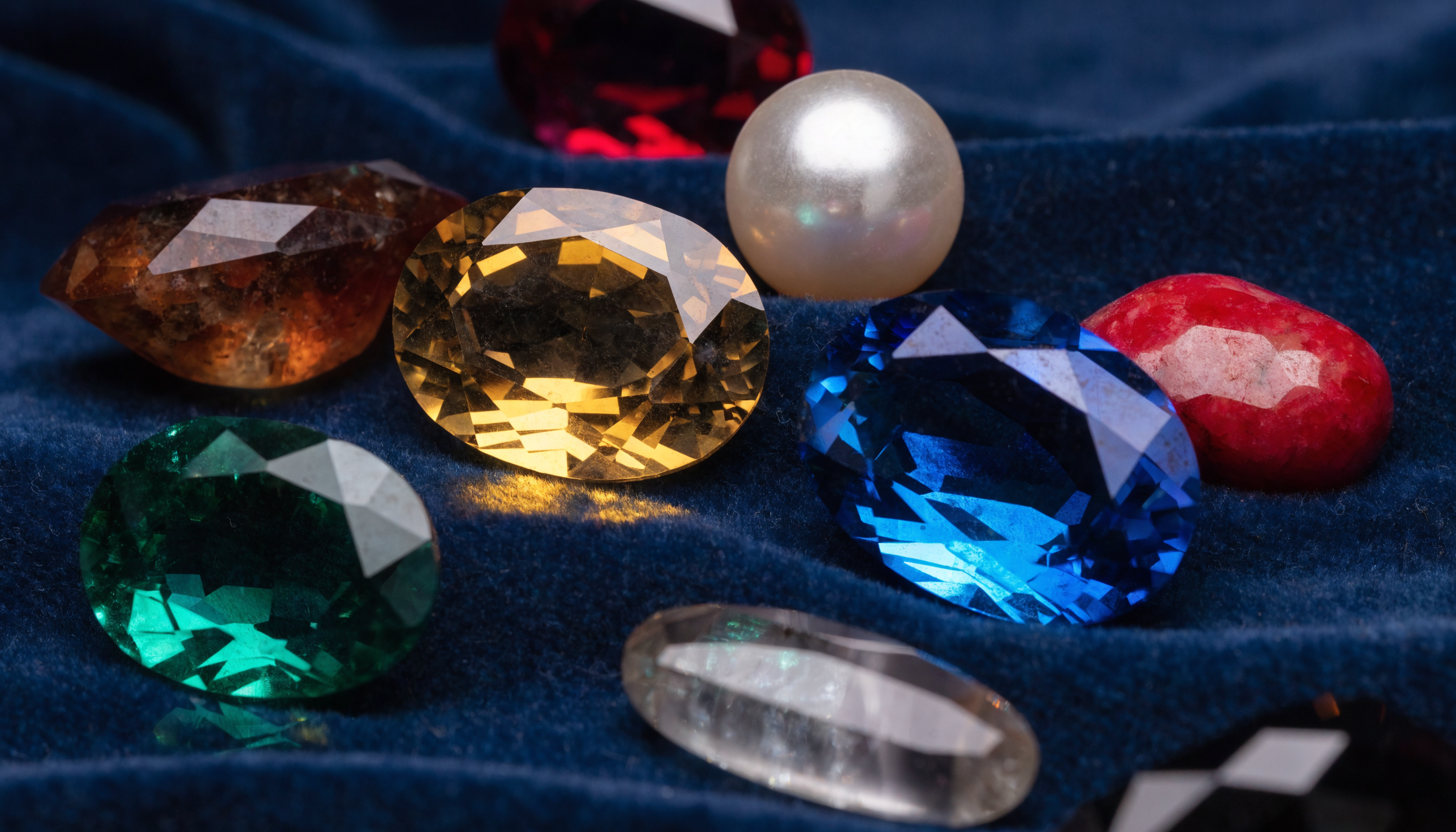 The nine Navratna gemstones arranged on navy velvet, certified gemstones by planet at GemsMantra