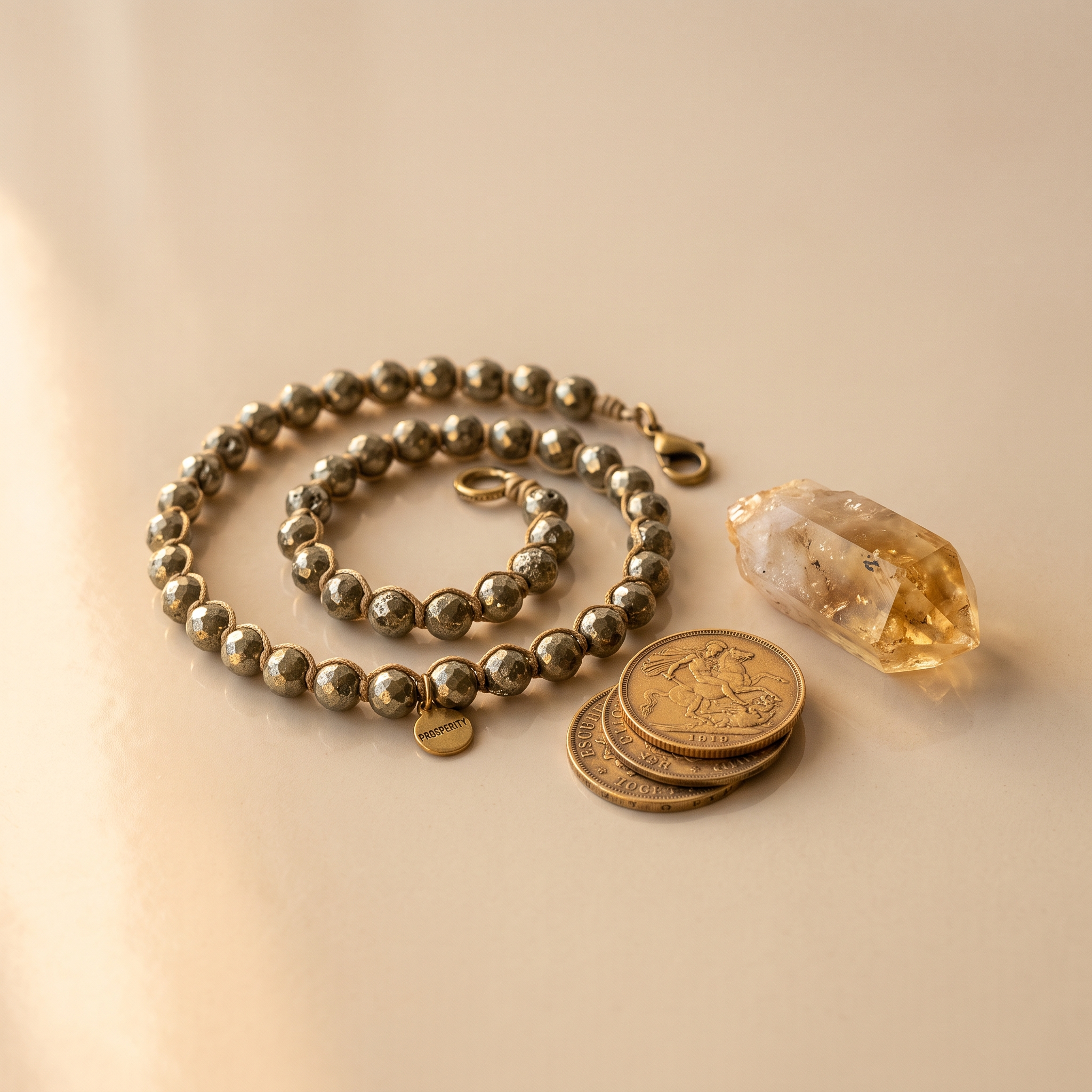 Golden pyrite bracelet with gold coins and citrine – Dhanyog Range wealth collection