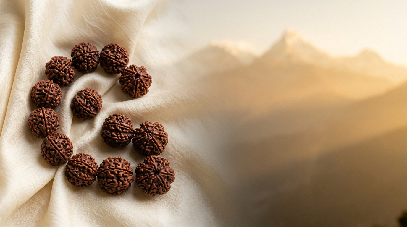 Large Nepali rudraksha beads with deep ridges on cream silk with Himalayan backdrop - GemsMantra Nepali rudraksha collection banner