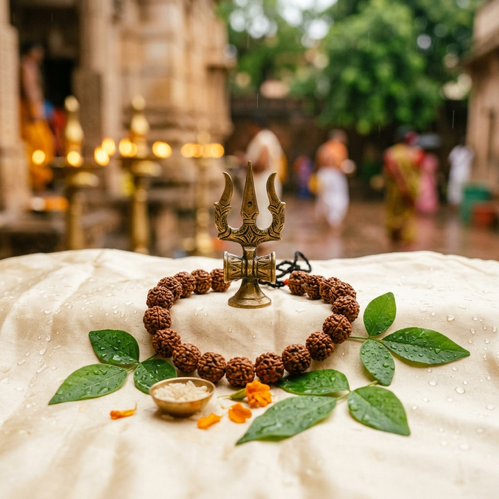 Sawan Special 2026 - certified rudraksha bel patra and trishul on cream silk