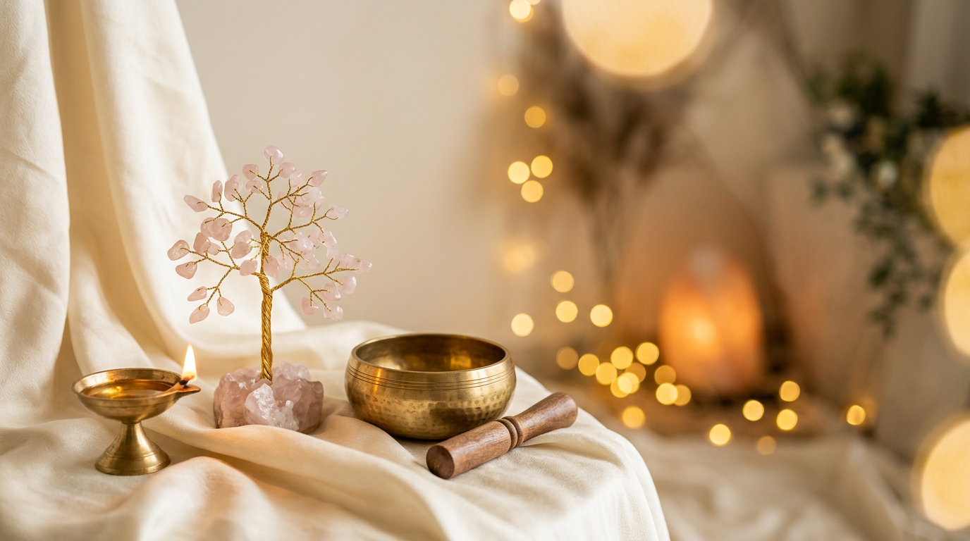 Brass diya crystal tree and singing bowl on cream silk - GemsMantra pooja and spiritual decor collection banner