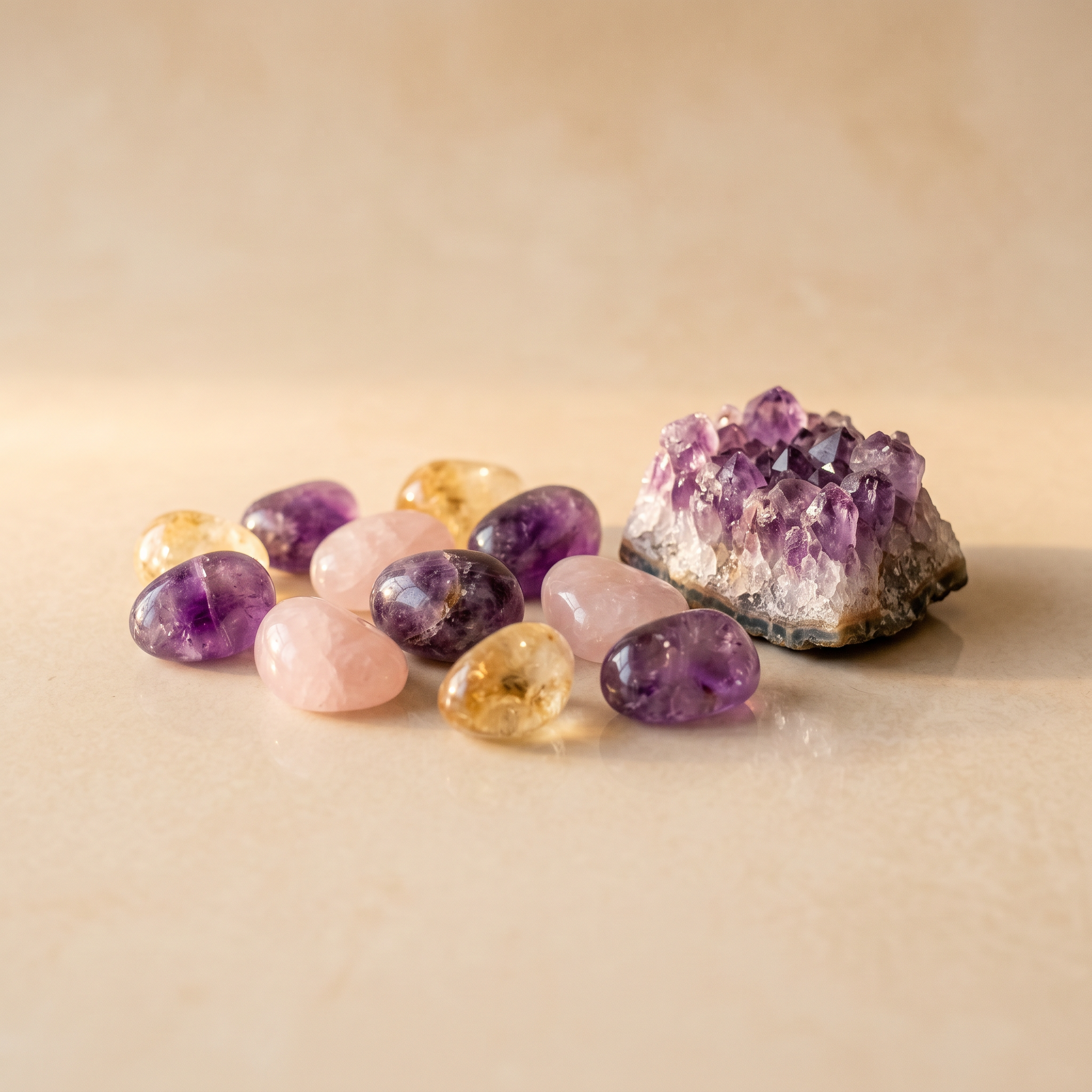 Amethyst rose quartz citrine tumble stones and crystal cluster – Tumbles and Clusters collection