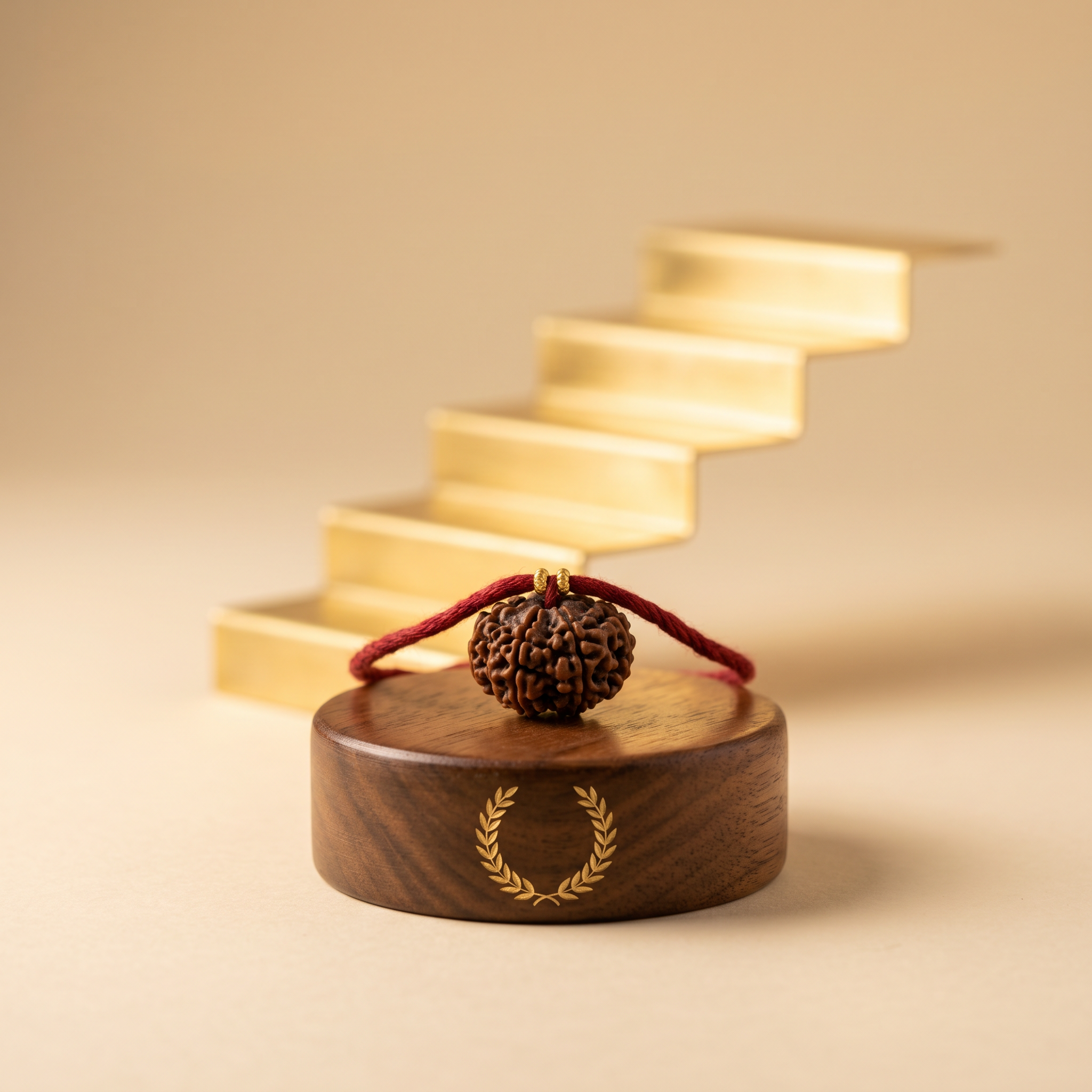 Rudraksha bead on wooden pedestal with golden accents – Rudraksha for Career and Success