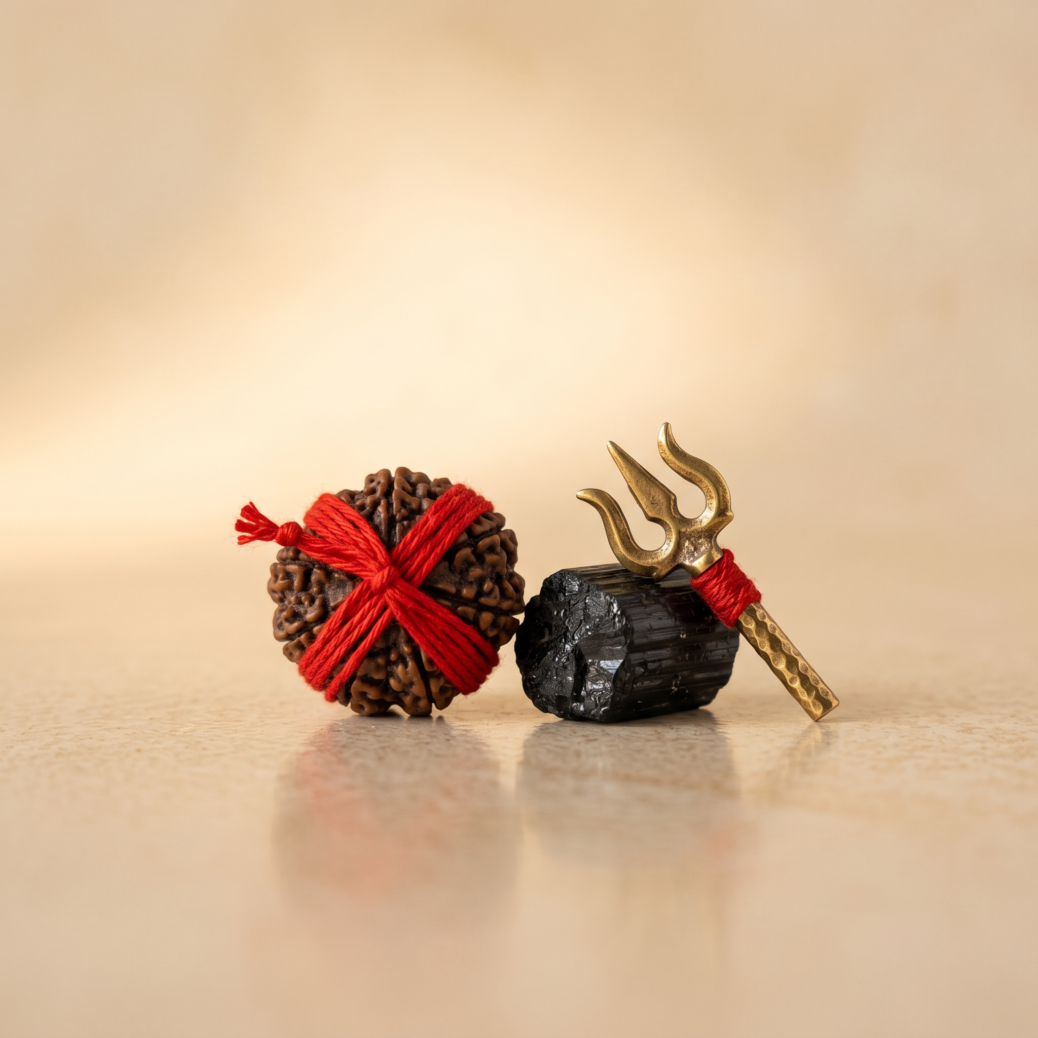 Dark rudraksha with red protective thread black tourmaline and trishul – Rudraksha for Protection