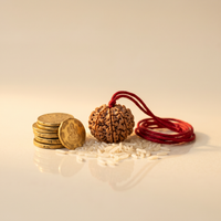 Rudraksha bead with gold coins and rice grains – Rudraksha for Wealth and Prosperity