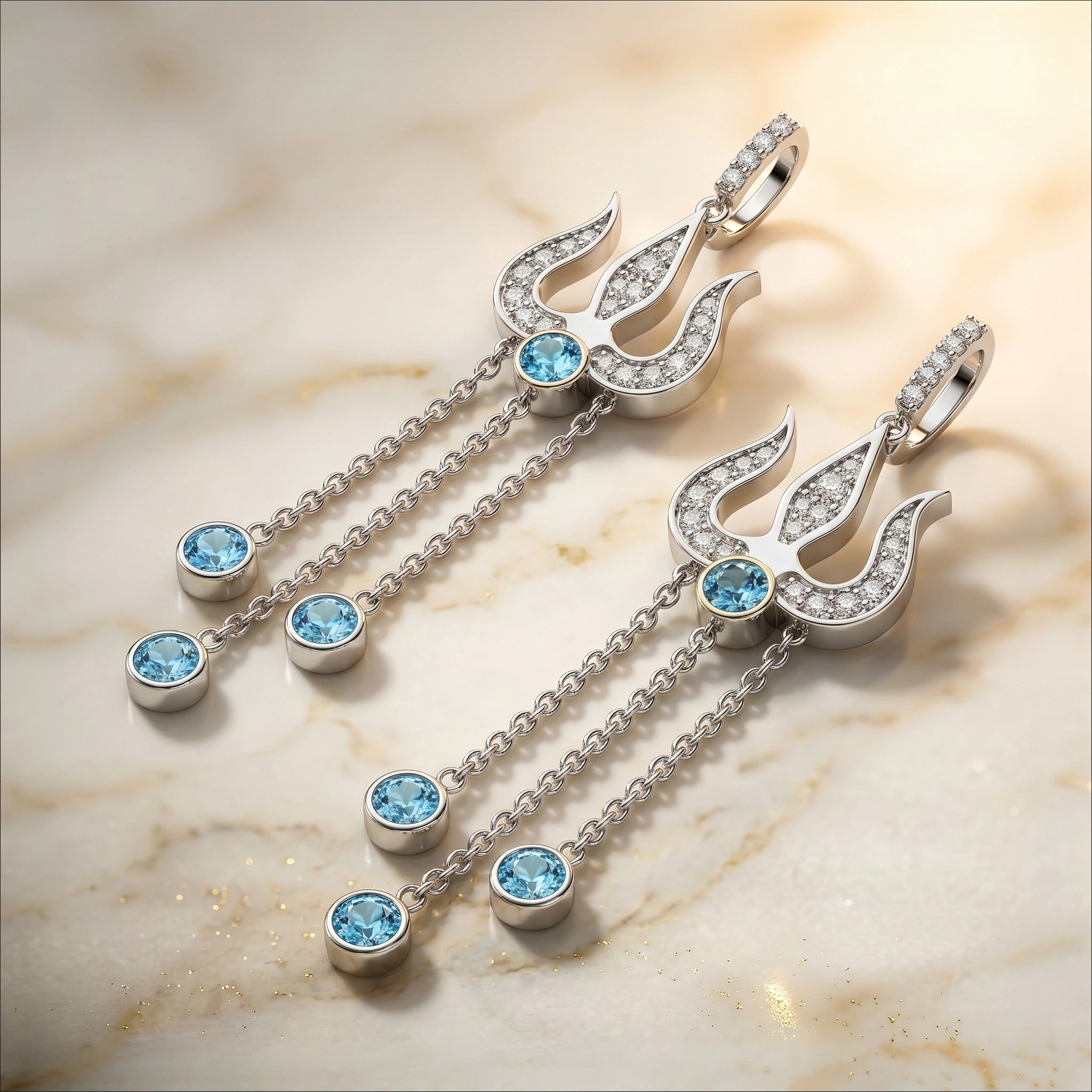 Trident Motif Crystal Diamond Finish Moissanite Drop Earrings in 925 Silver