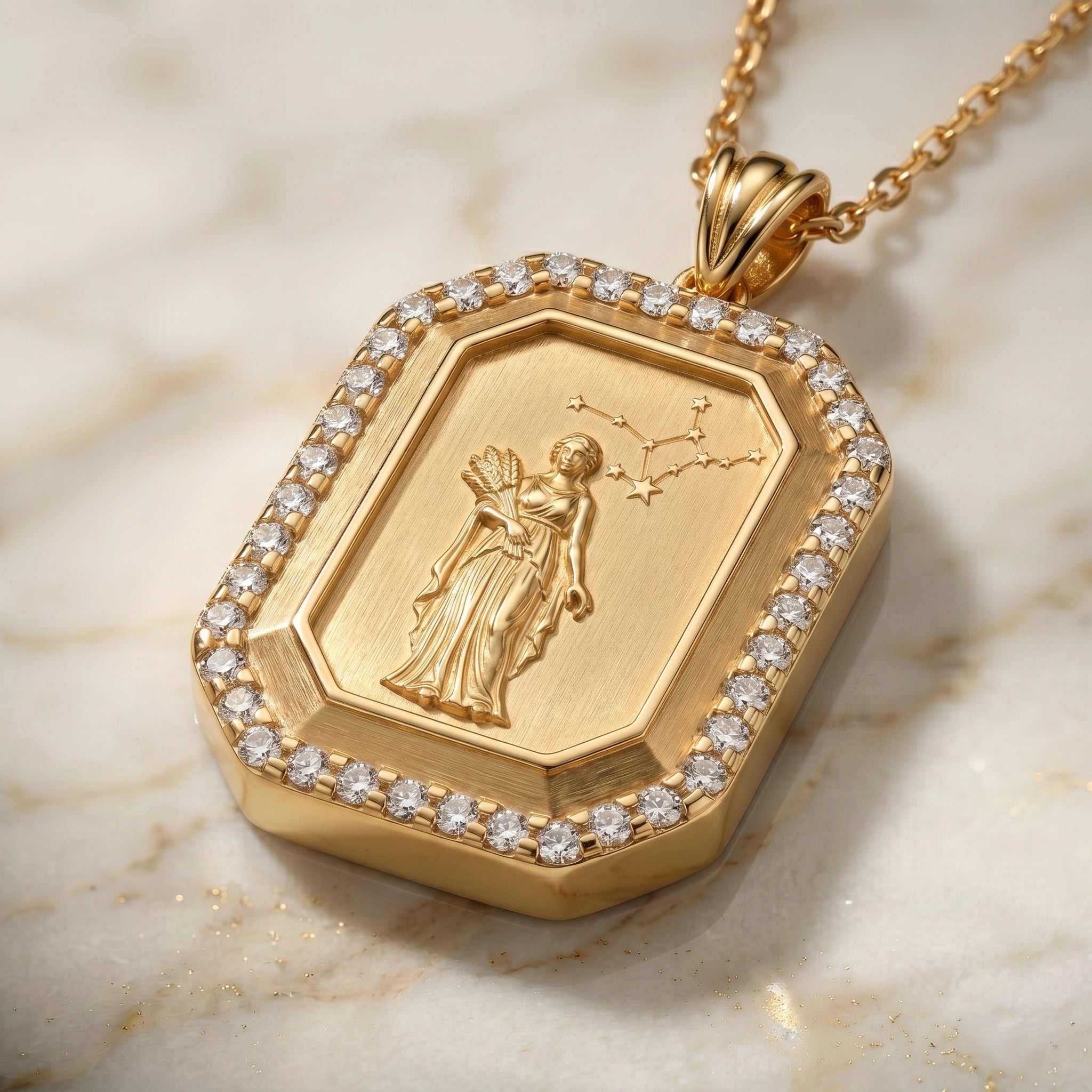 Vintage-Style Virgo Zodiac Constellation Diamond Finish  Moissanite Halo Pendant in Gold-Plated