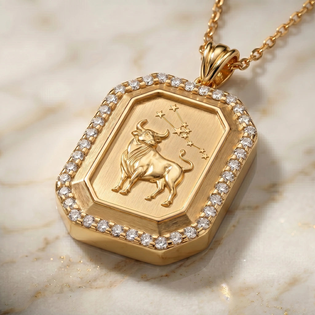 Vintage-Style Taurus Zodiac Constellation Diamond Finish  Moissanite Halo Pendant in Gold-Plated