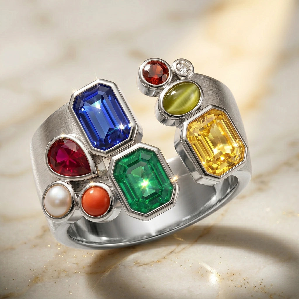 Navratna Halo Silver Ring