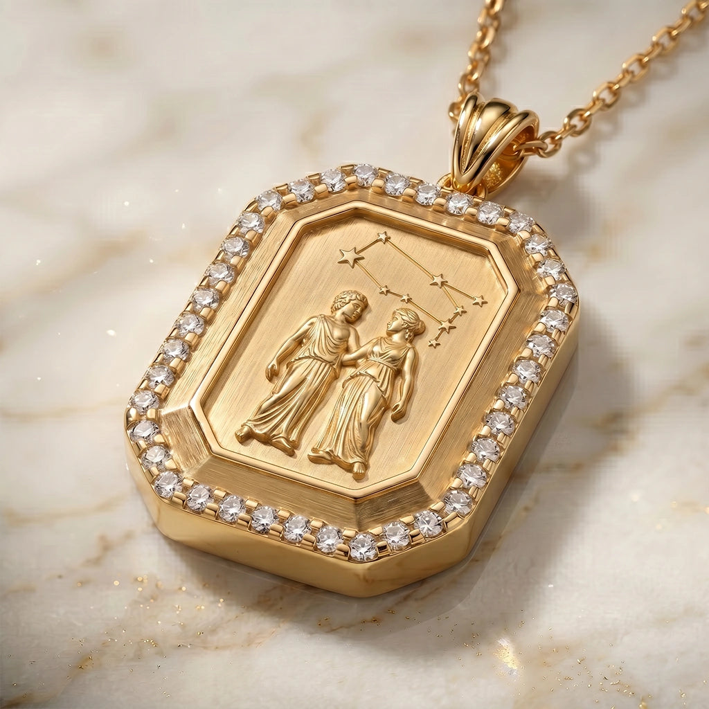Vintage-Style Gemini Zodiac Constellation Diamond Finish  Moissanite Halo Pendant in Gold-Plated