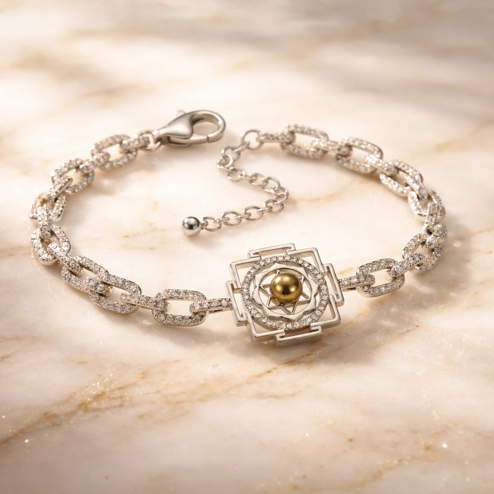 Shri Yantra Motif with Diamond Finish Moissanite Crystal Link Bracelet in 925 Silver
