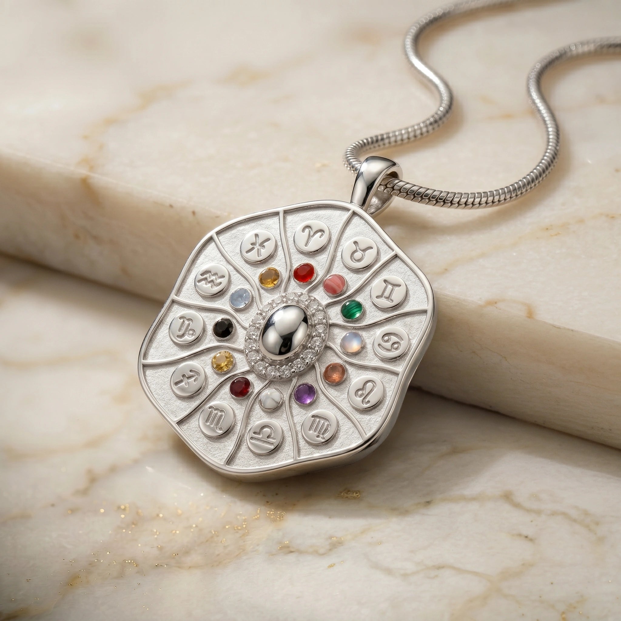 Astrological 12-Zodiac Wheel Medallion Pendant with Multi-Color Crystals in 925 Silver