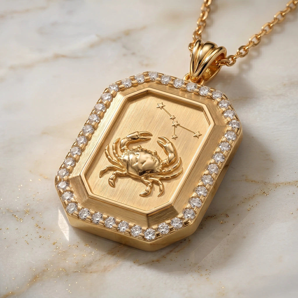 Vintage-Style Cancer Zodiac Constellation Diamond Finish  Moissanite Halo Pendant in Gold-Plated