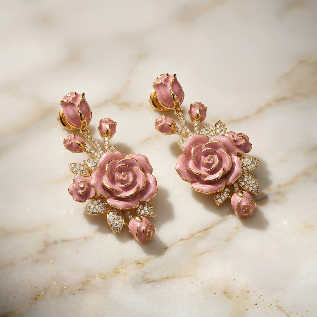 Nature-Inspired Pink Enamel Rose Floral Drop Earrings with Diamond Finish Moissanite in Gold-Plated