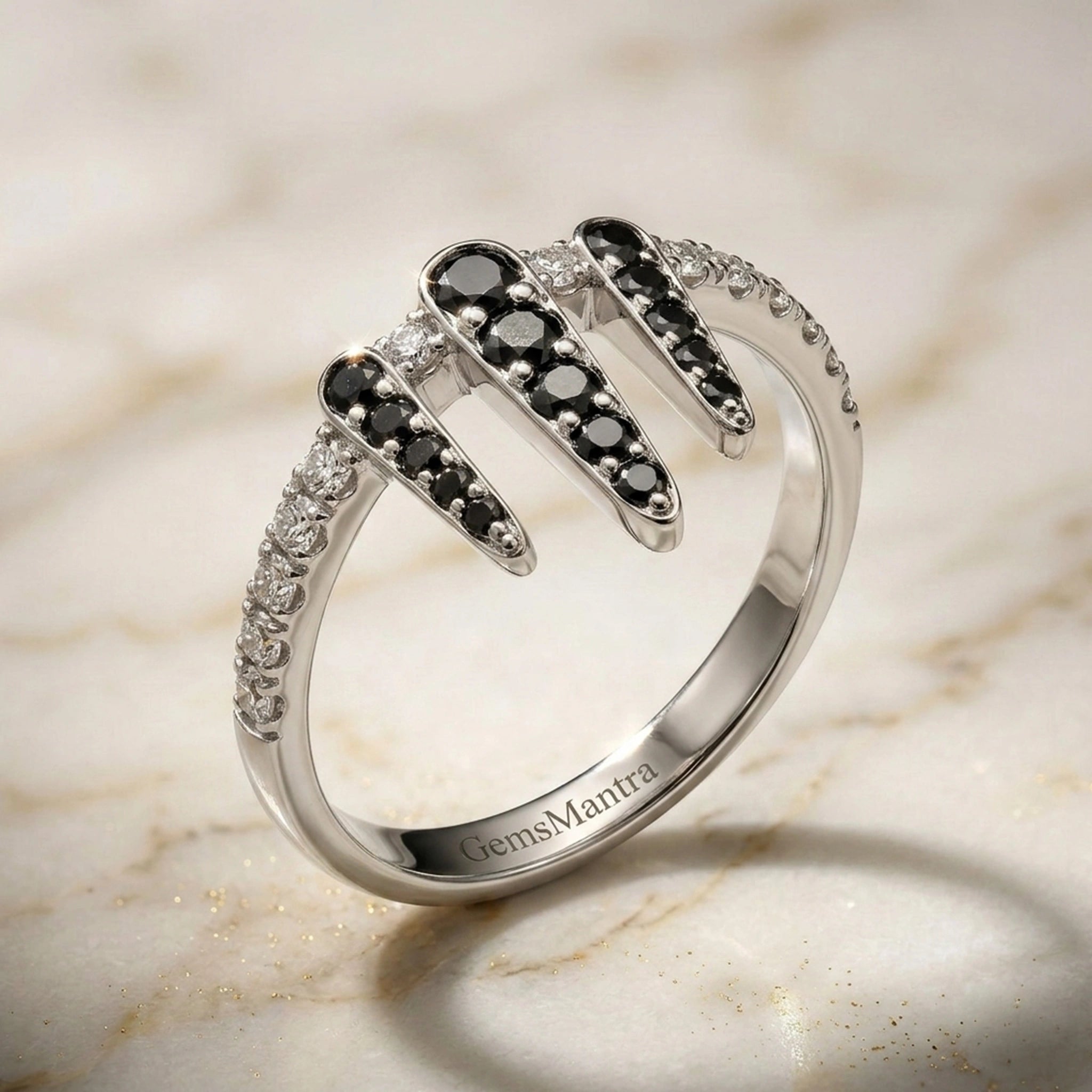 Edgy Shiv's Trident Motif Crystal and White Diamond  Finish Moissanite Ring in 925 Silver