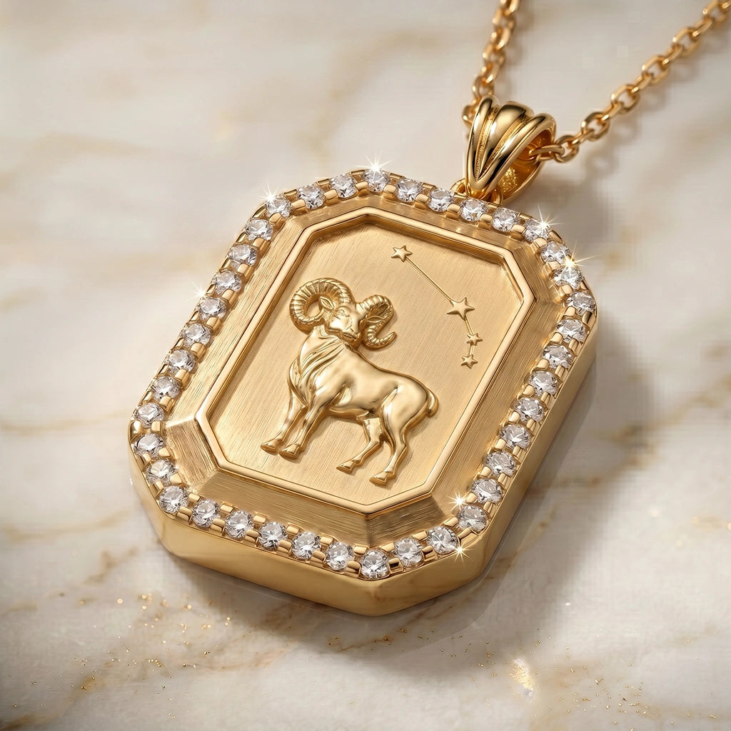 Vintage-Style Aries Zodiac Constellation Diamond Finish  Moissanite Halo Pendant in Gold-Plated